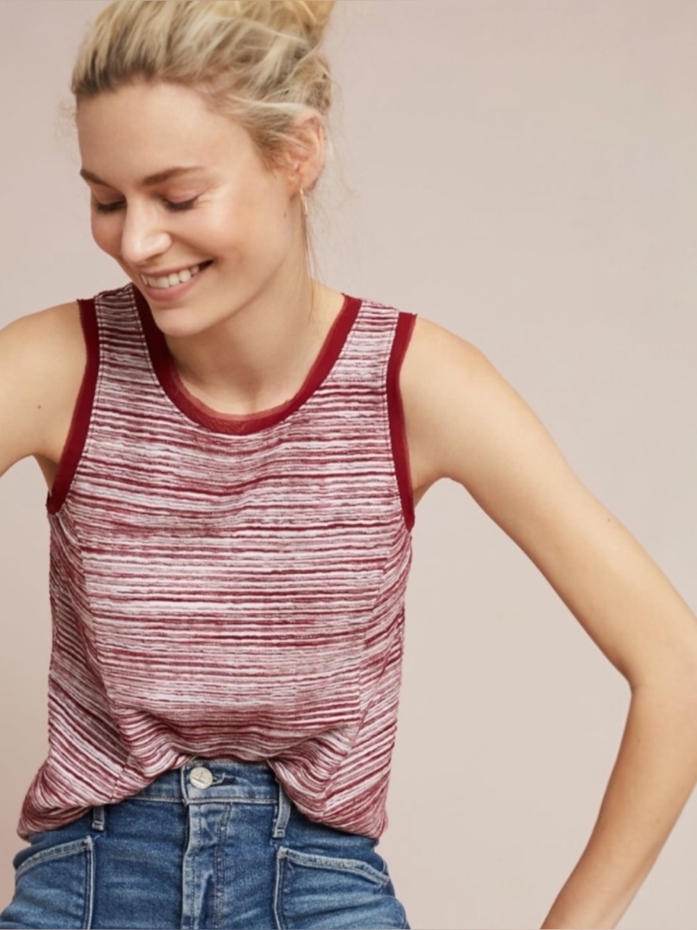 Vanessa Virginia Anthropologie Red & White Texture Stripe Tank Top, Fringe Trim